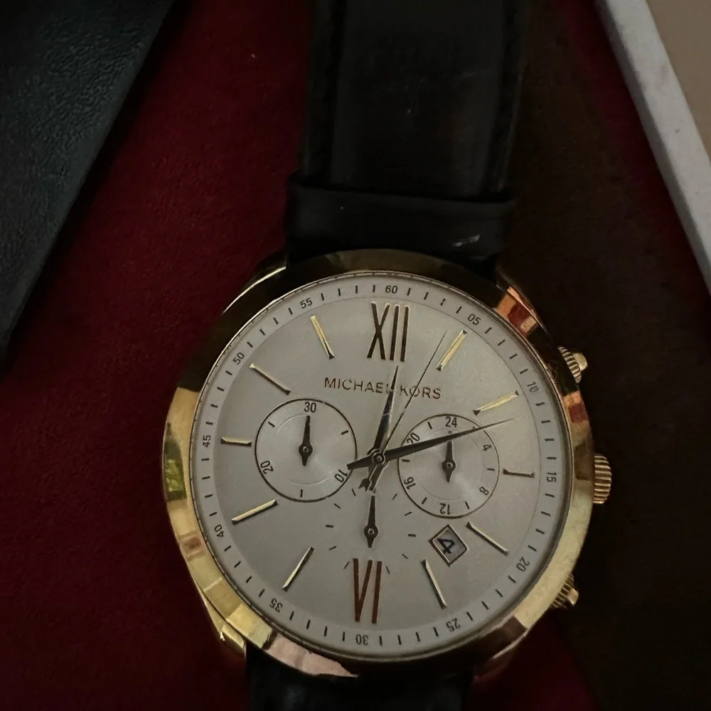 Michael Kors Women's Black Leather Strap Gold-Tone Dial Watch